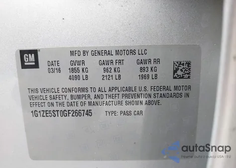 2016 Chevrolet Malibu 1Lt z USA, uszkodzony, nr VIN 1G1ZE5ST0GF266745